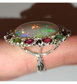 Srebrny pierścionek z opalem, granatem, oliwinem i turmalinem - rozmiar 17