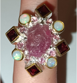 Srebrny pierścionek z turmalinem, opalem i granatem - rozmiar 17