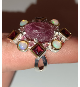 Srebrny pierścionek z turmalinem, opalem i granatem - rozmiar 17